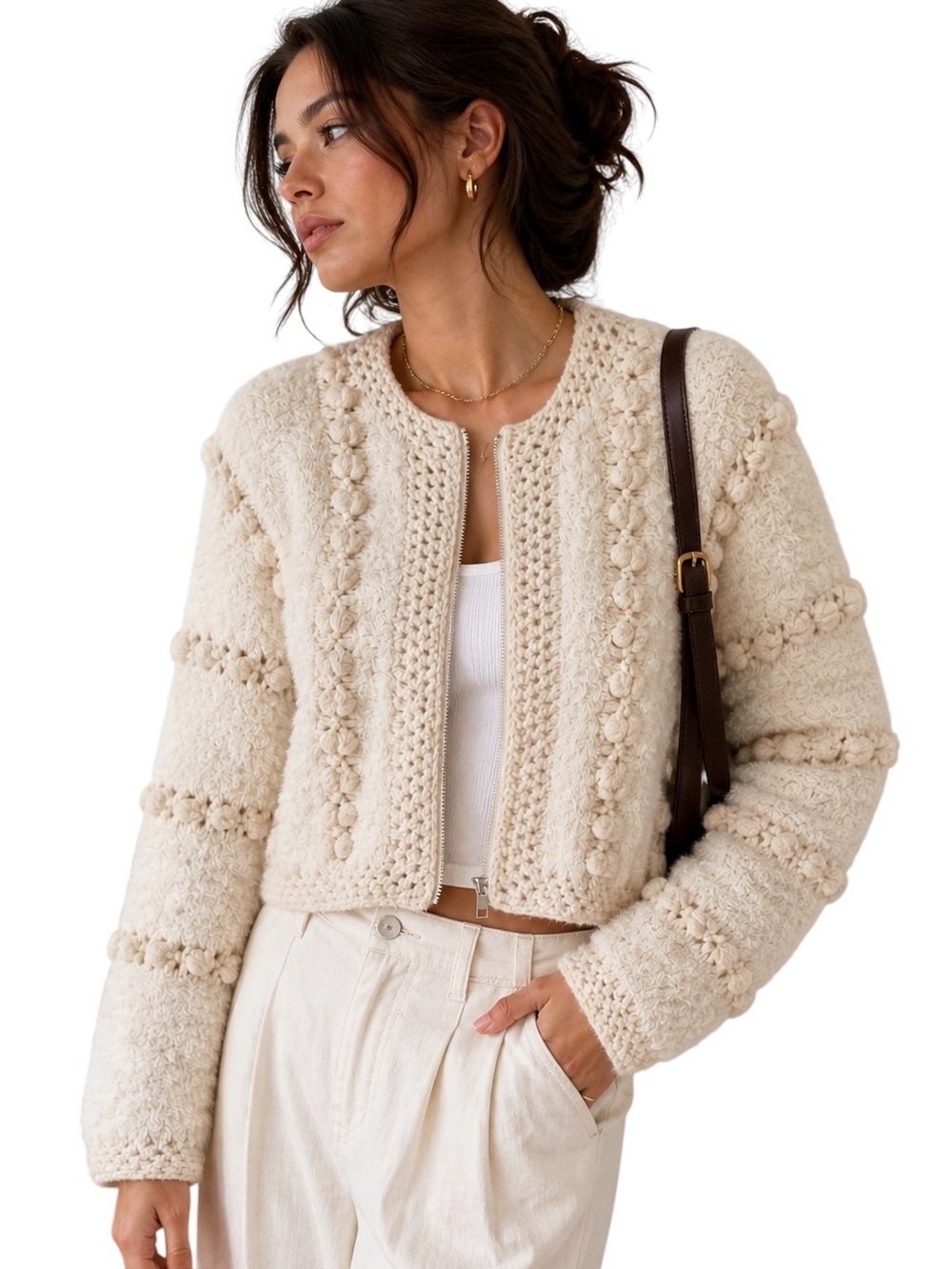 FRAME Pom Pom Zip Cardigan Cropped Wool Blend Size S Cream